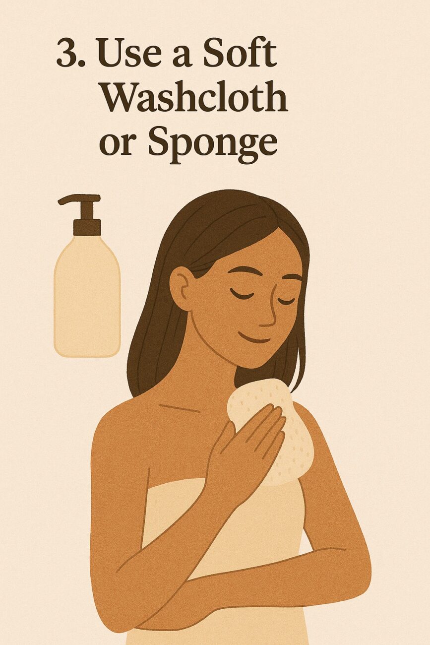 Illustration of a woman wrapped in a towel gently cleansing her chest with a soft washcloth. A soap dispenser is shown beside her. Text reads: "3. Use a Soft Washcloth or Sponge.