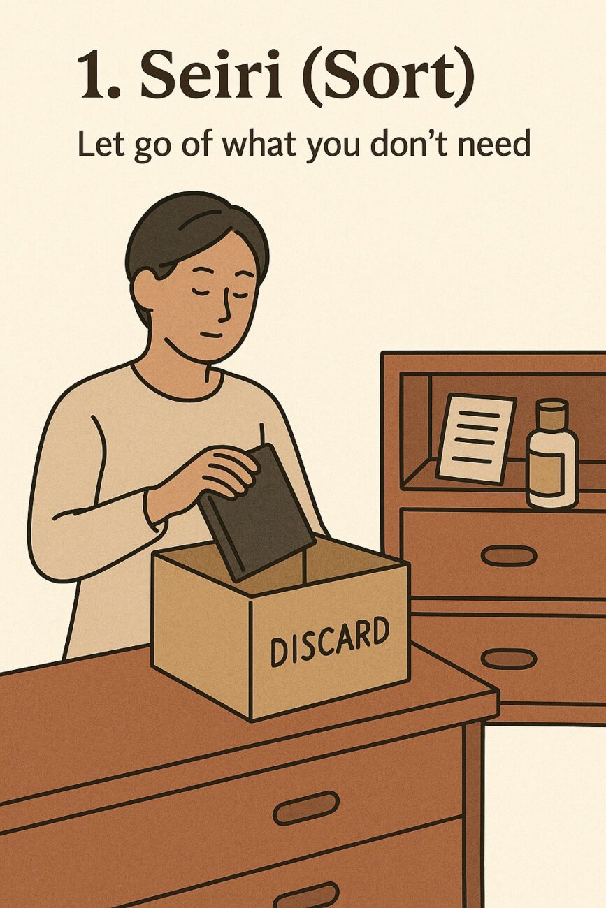 A person places an item into a box labeled "DISCARD" with shelves and small items in the background. Text reads "1. Seiri (Sort) Let go of what you don't need.