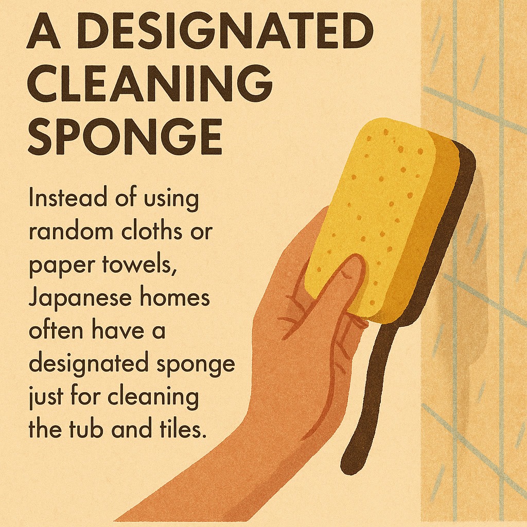 An illustrated hand holds a yellow sponge against tiled walls, with text explaining that Japanese homes often use a designated sponge for cleaning the tub and tiles.