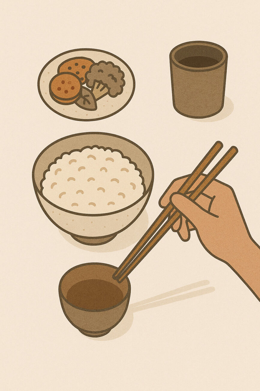 An illustrated hand uses chopsticks near a bowl of rice, a small dish of pickles and vegetables, a cup, and a small bowl on a beige background.