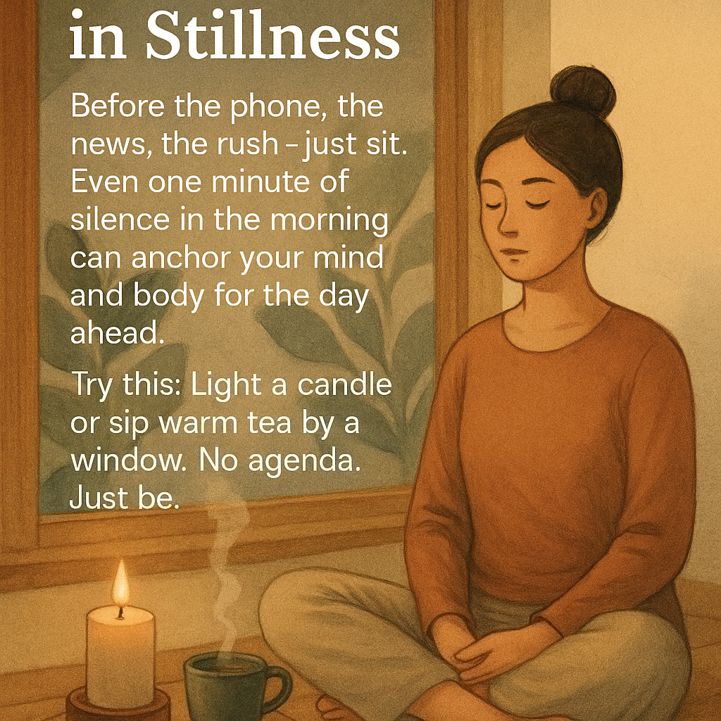 A woman sits cross-legged by a window with eyes closed, a lit candle, and cup beside her. Text encourages practicing morning stillness and mindfulness.