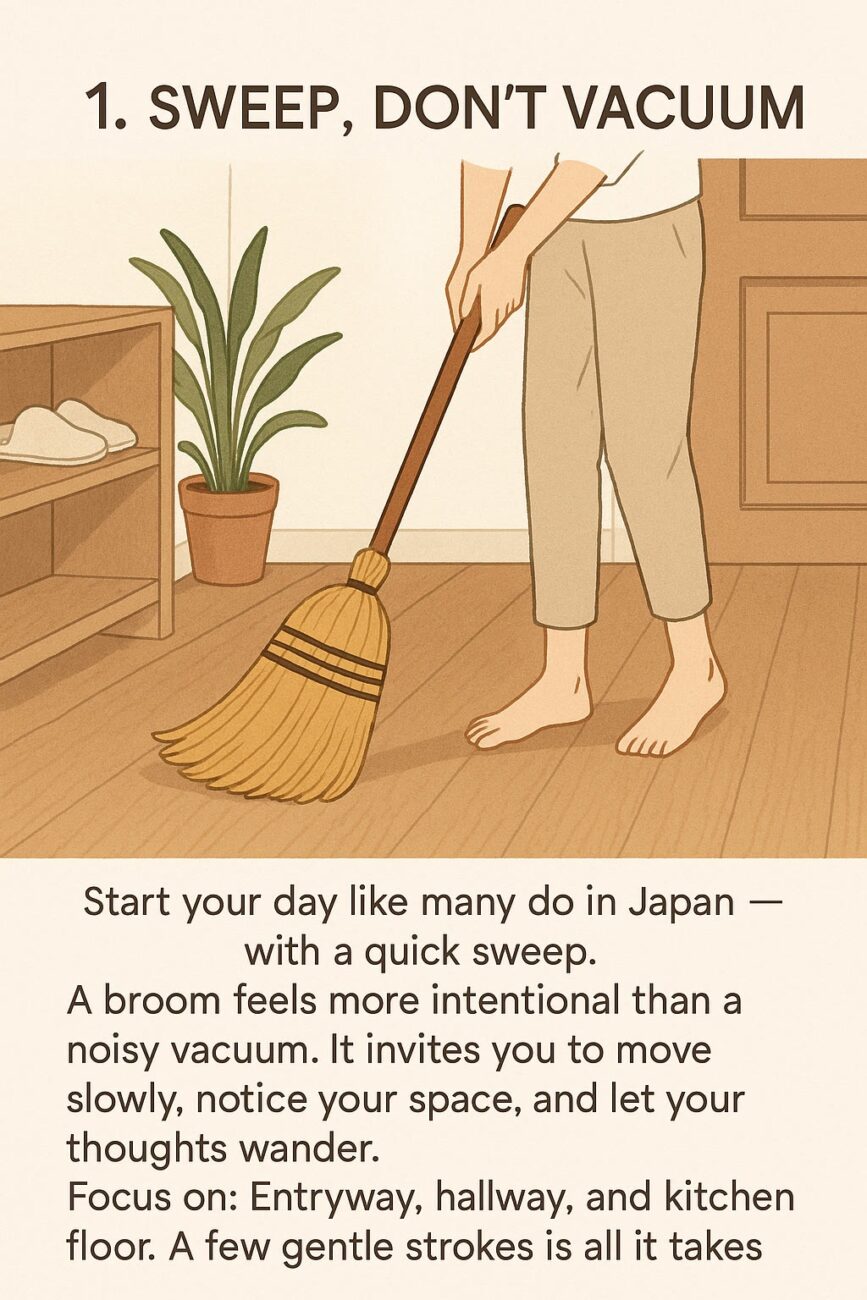 Illustration of a person sweeping a wooden floor with a broom, accompanied by text encouraging sweeping over vacuuming as a mindful morning routine.