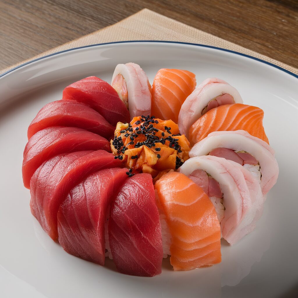 A beautifully plated okayama bara-zushi with fresh seafood and vibrant colors, captured in natural lighting with an iPhone 15 Pro.