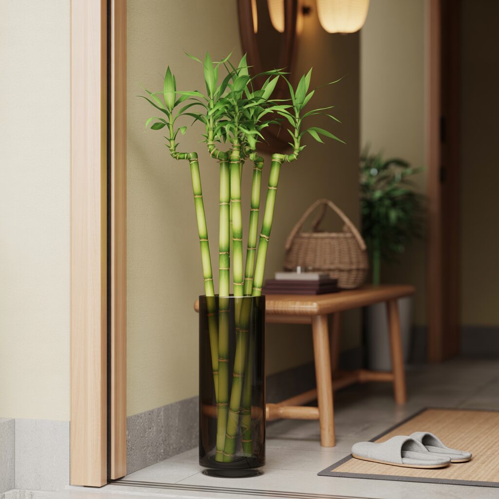 A tall glass vase with green bamboo stalks sits on the floor near a wooden bench and a pair of slippers in a tidy entryway.