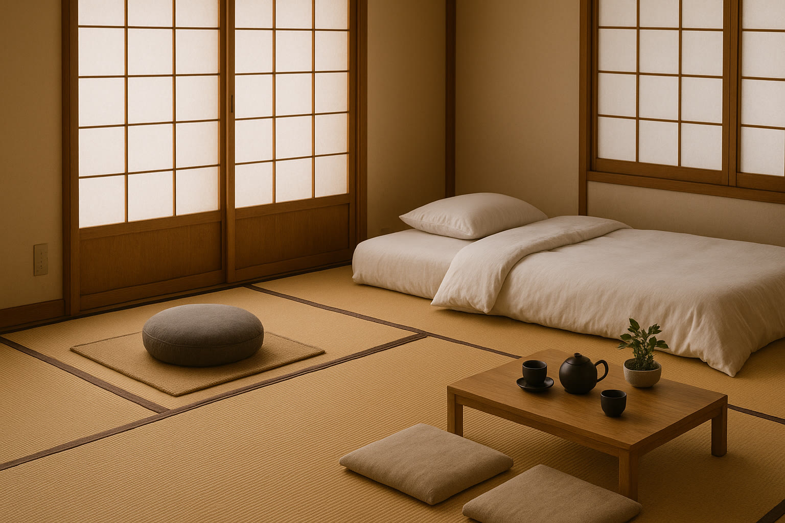 A minimalist Japanese-style room with tatami mats, a low bed, a round cushion, a wooden table set with tea, and floor cushions, with shoji screens in the background.