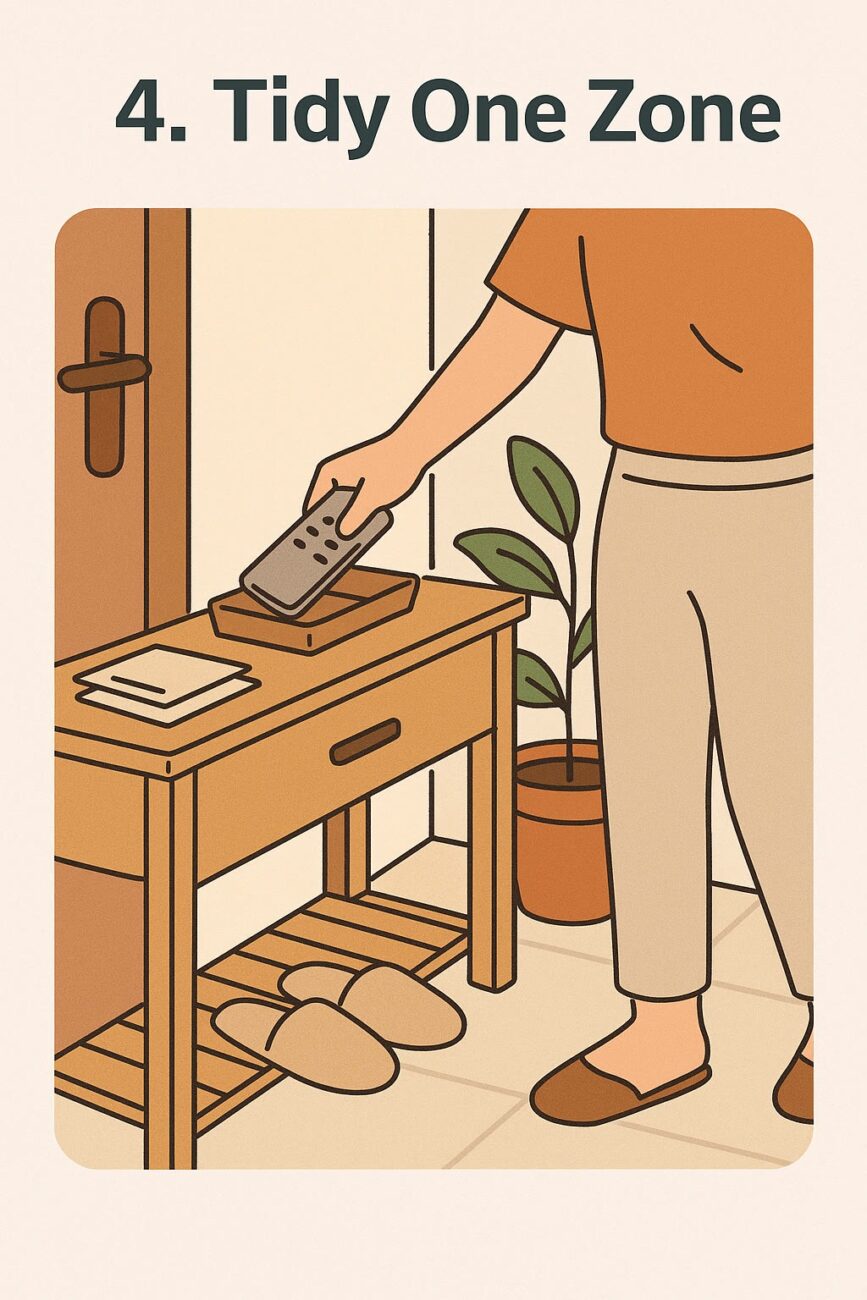 An illustration of a person tidying a small entryway table, placing a remote in a tray, with slippers and a potted plant nearby. The text above reads "4. Tidy One Zone.