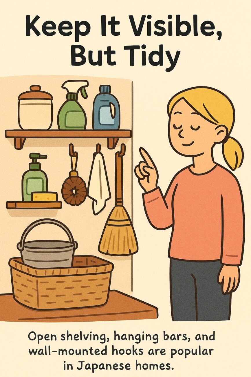 A woman stands by open shelves and wall hooks with household items, demonstrating popular storage solutions in Japanese homes.