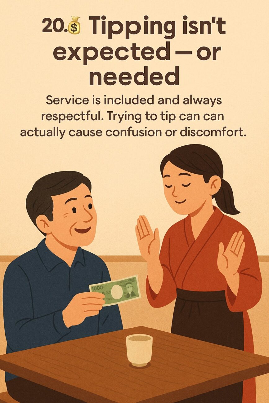 A man tries to tip a smiling waitress who politely declines, with text explaining that tipping isn't expected or needed as service is included.