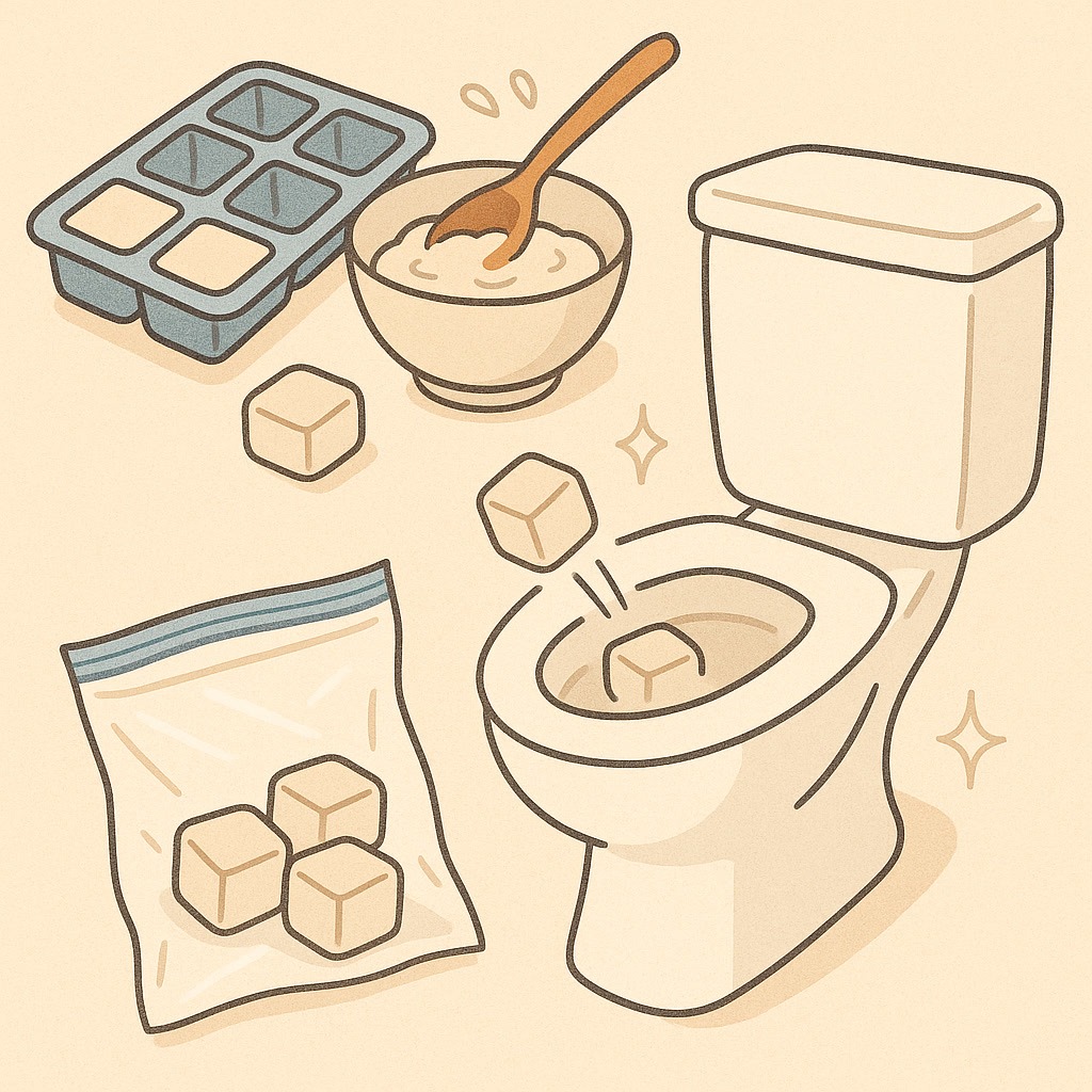 Illustration of homemade cleaning cubes made from a mixing bowl and ice cube tray, being placed into a toilet, with some cubes stored in a plastic bag.