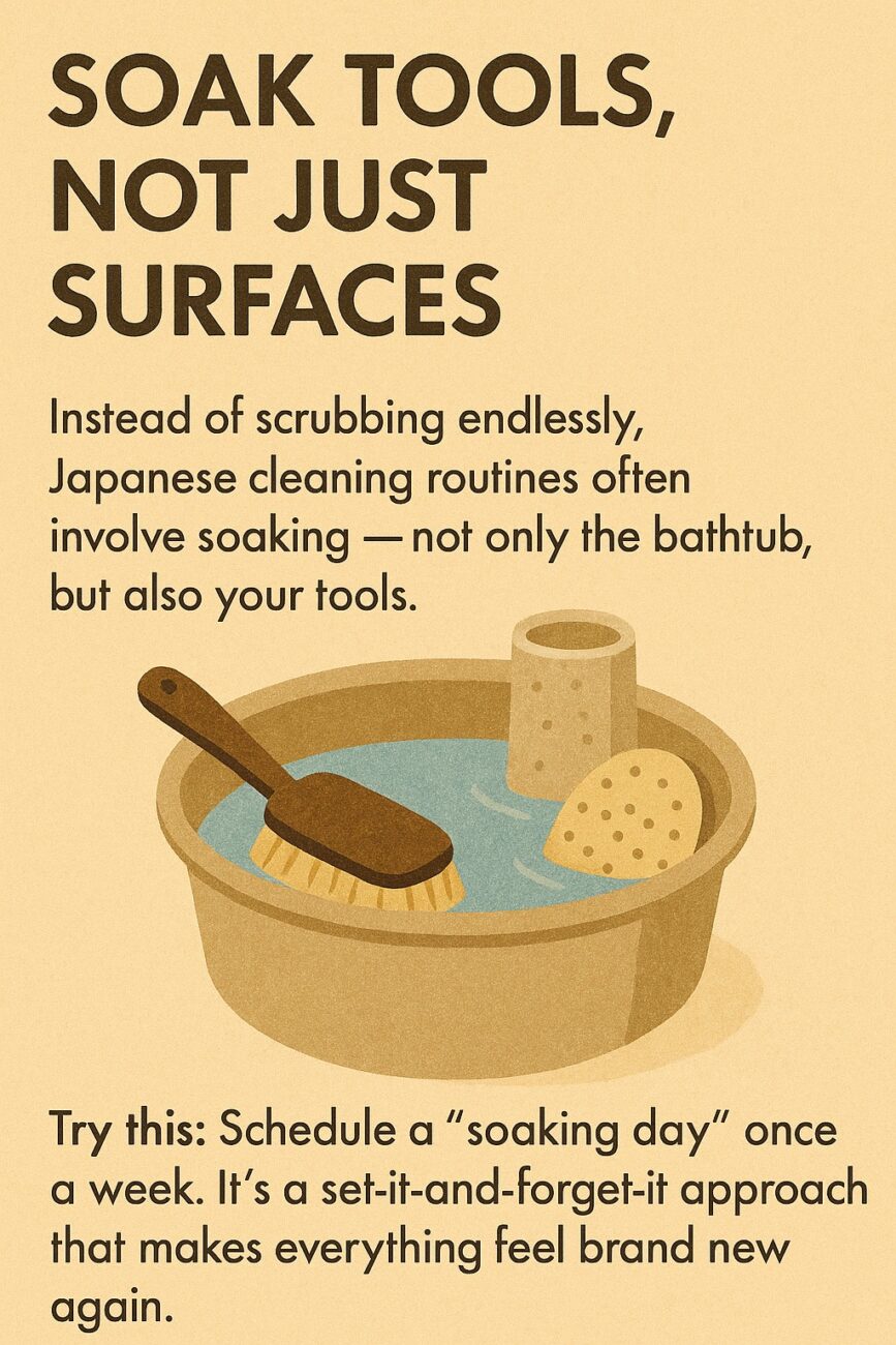 A round basin filled with water contains a cleaning brush and a sponge. Text explains the benefits of soaking cleaning tools, not just surfaces, as part of a Japanese cleaning routine.