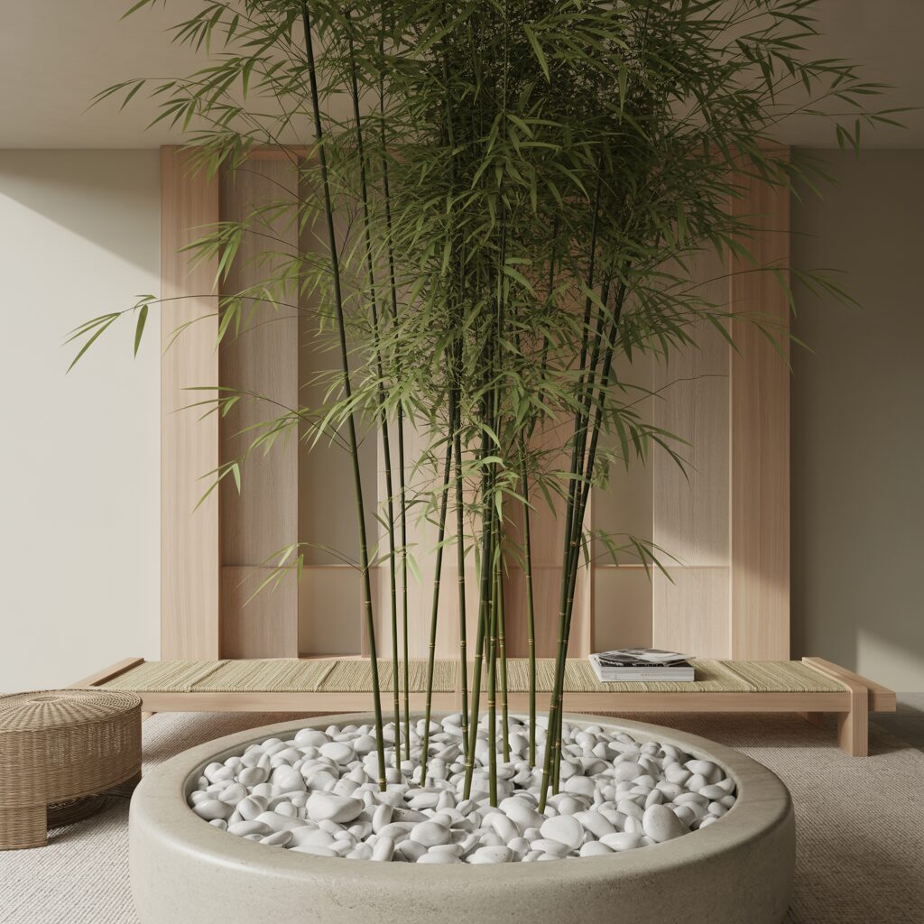 A potted bamboo plant in a round container with white stones placed in a minimalist room with light wood furniture and neutral tones.