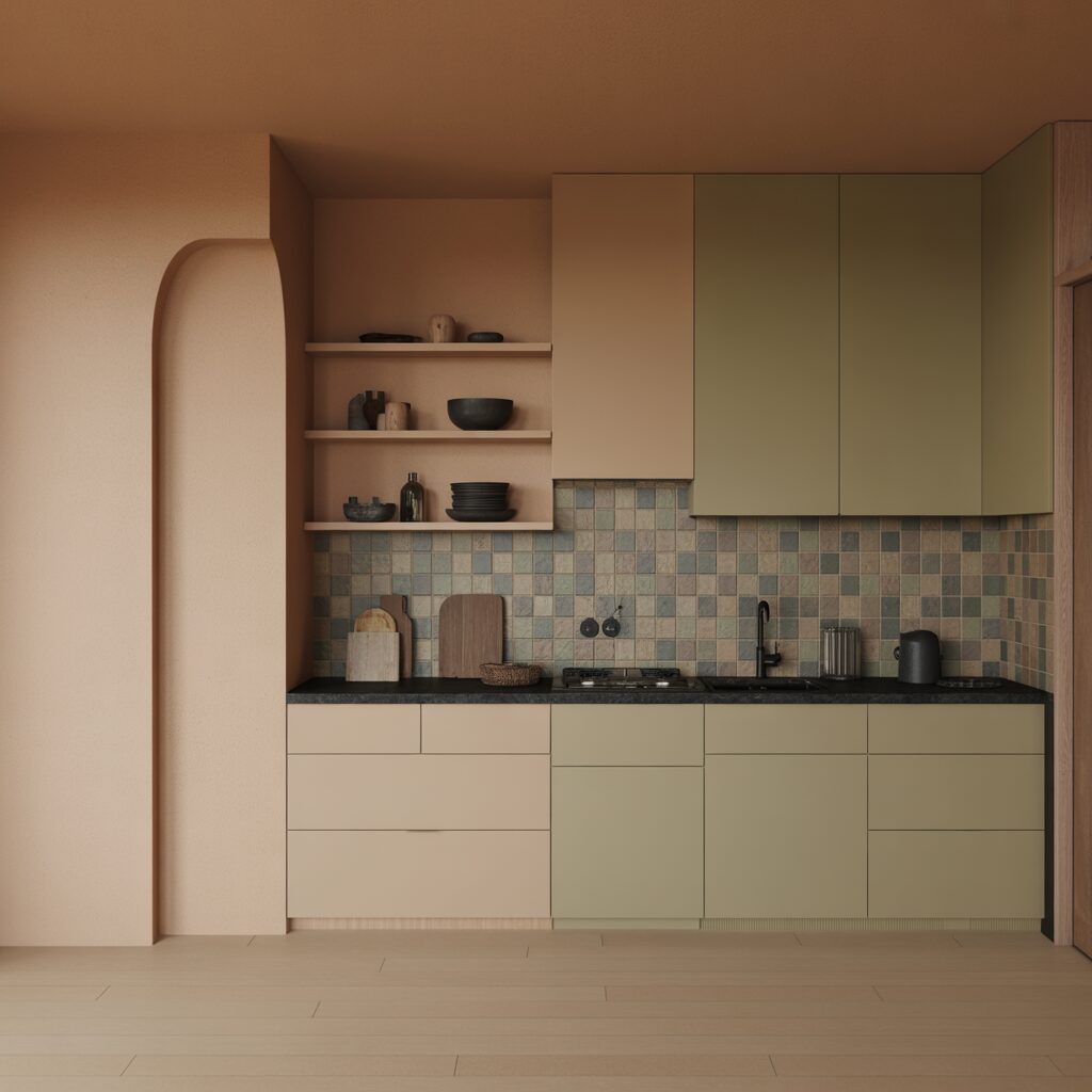 Minimalist kitchen with light cabinetry, open shelves holding dishes, mosaic tile backsplash, built-in stove, and countertop appliances. The space has a soft beige and green color palette.