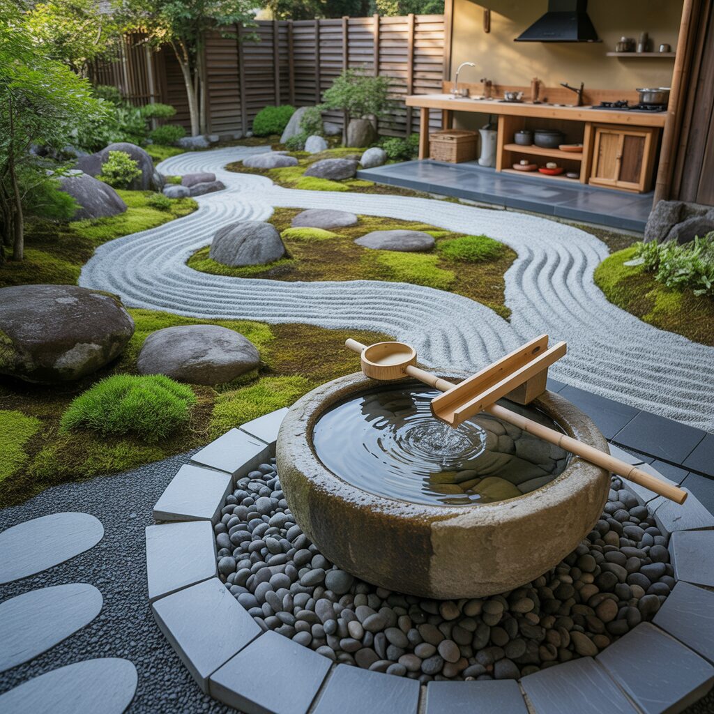 A Japanese Zen garden with raked gravel, large stones, green moss, a stone water basin with a dipper, and a wooden outdoor kitchen in the background.