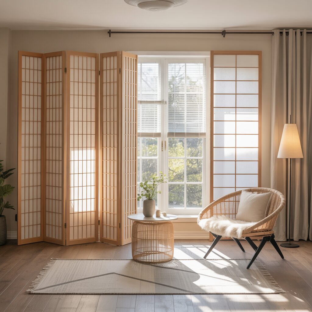 A sunlit living room features a wicker chair with a cushion, a round side table with a vase, a folding room divider, and large windows with blinds and curtains.