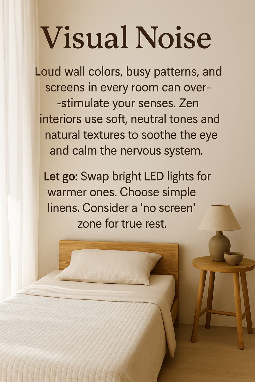 A minimalist bedroom with a wooden bed, beige bedding, a side table, a lamp, and text on the wall about reducing visual noise for a calming atmosphere.