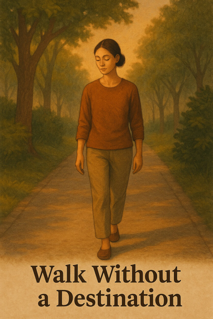 A woman walks alone on a tree-lined path at dusk. Text below reads, "Walk Without a Destination.