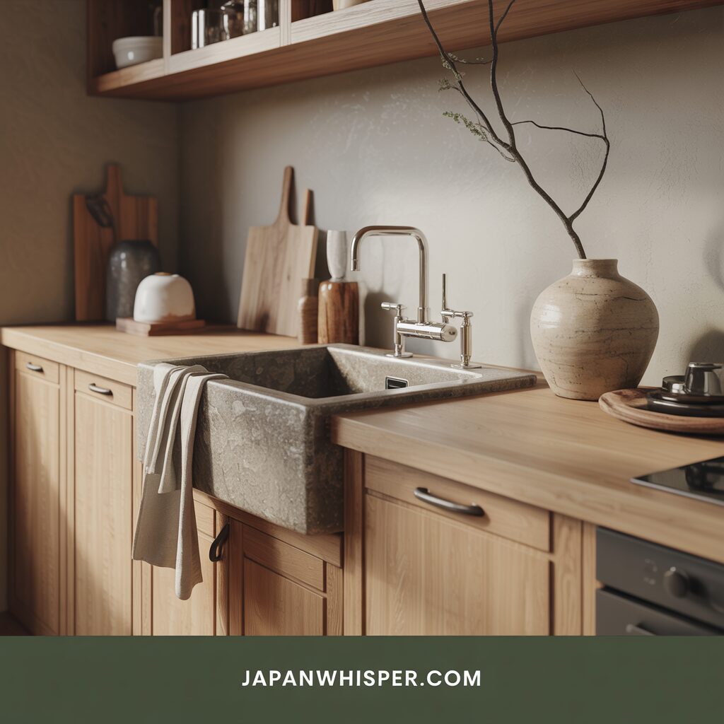A minimalist kitchen with wooden cabinets, a stone farmhouse sink, a faucet, cutting boards, and a ceramic vase with a branch. The website japanwhisper.com is displayed at the bottom.