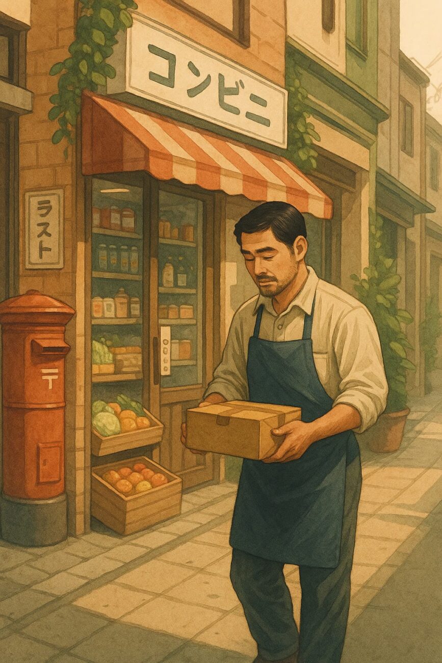 A man in an apron carries a box outside a small Japanese convenience store with a red postbox and produce stand nearby.