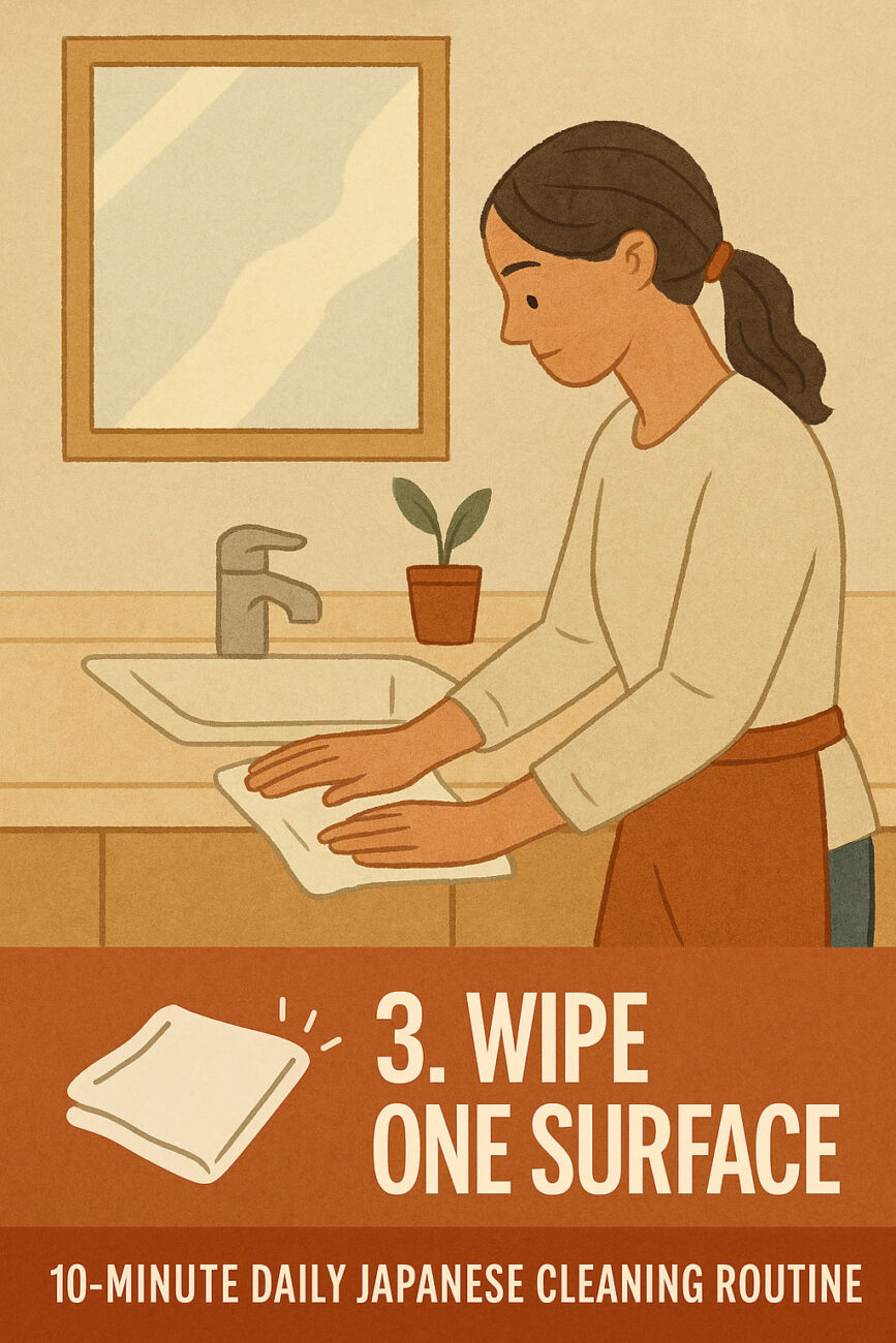 A woman wipes a countertop with a cloth in a bathroom. Text reads: "3. Wipe one surface. 10-minute daily Japanese cleaning routine.