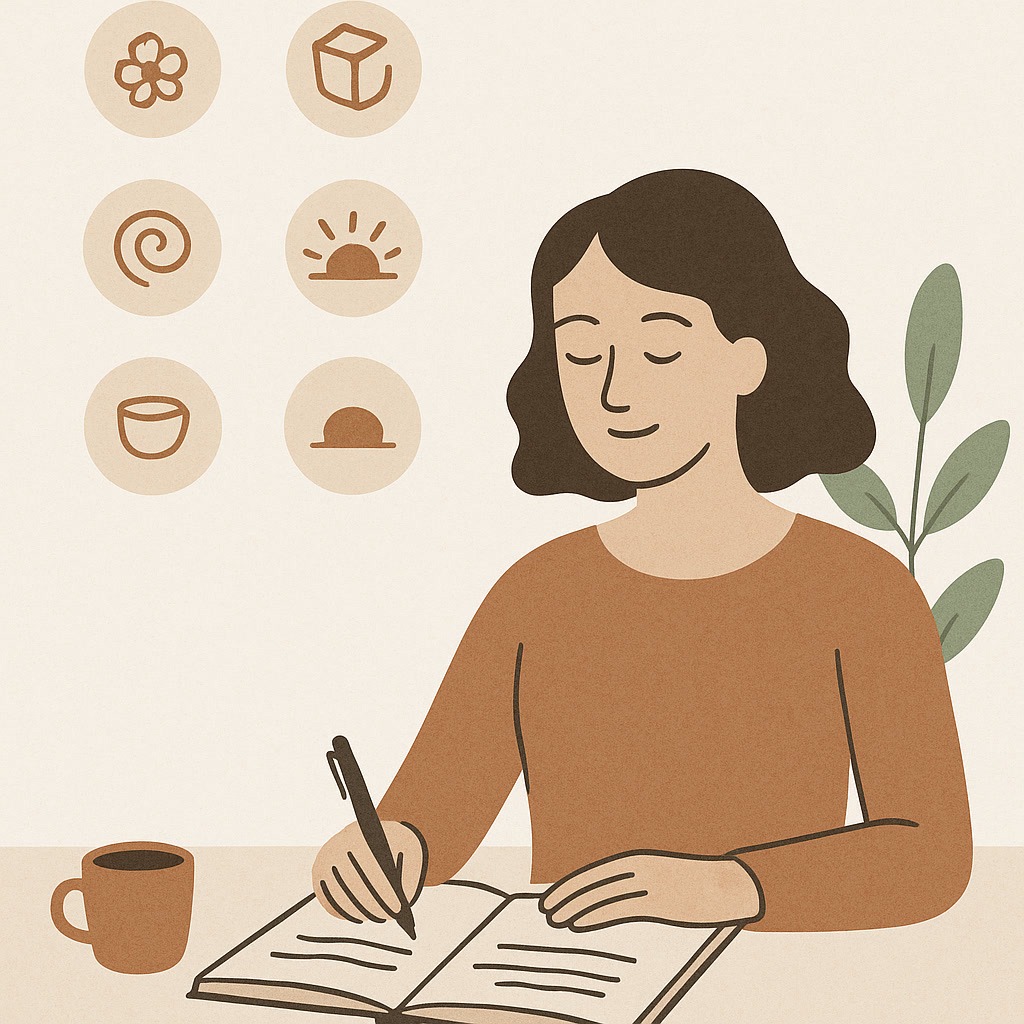 Illustration of a woman writing in a notebook at a table with a coffee cup, plant, and six circular icons showing various simple symbols.