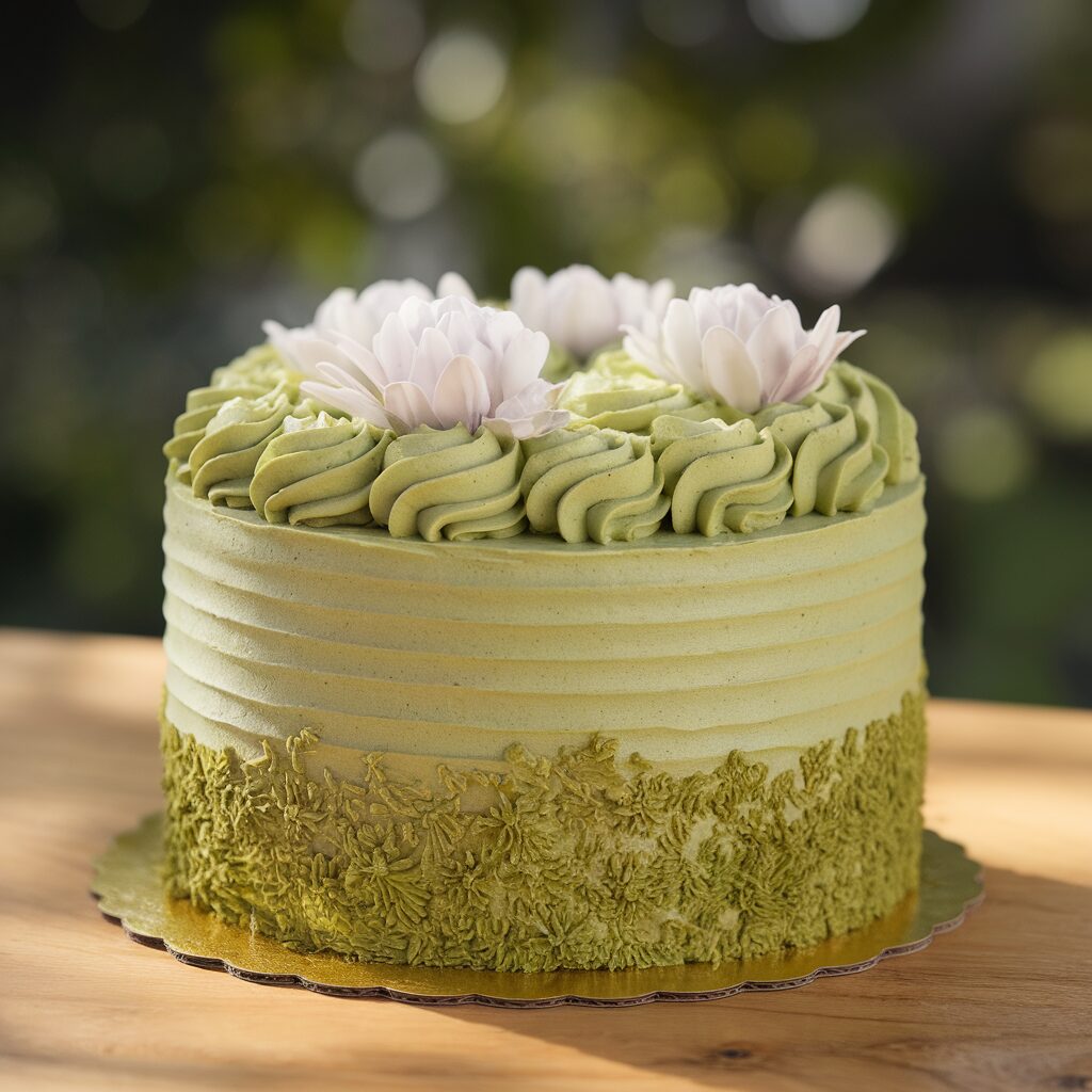 A round green cake with textured frosting and piped rosettes, topped with three white flower decorations, sits on a wooden surface.