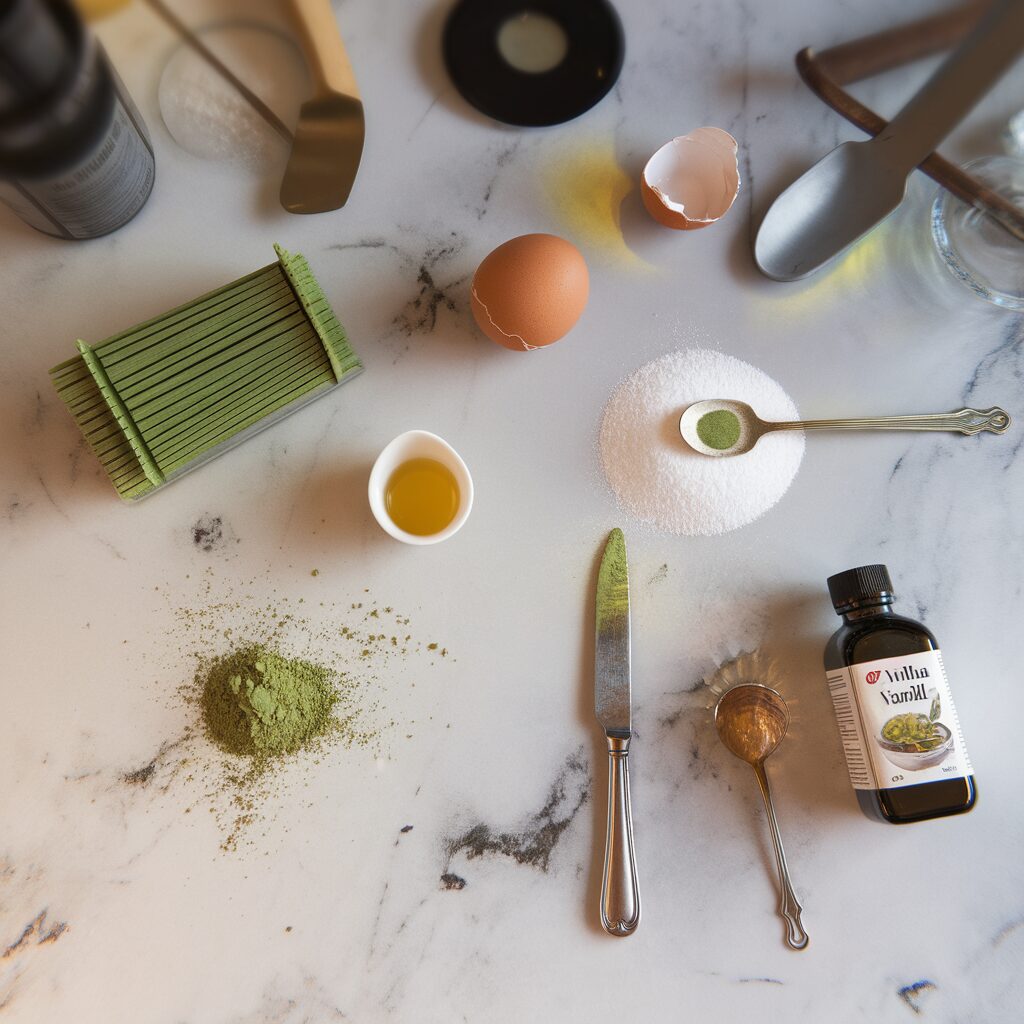 A top-down shot of all the ingredients for matcha waffles neatly arranged on a white marble countertop with hints of gold, natural lighting, captured on an iPhone 15 Pro.