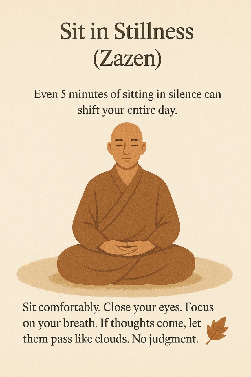 An illustration of a person meditating cross-legged with eyes closed, accompanied by instructions on practicing Zazen, or sitting in stillness, to promote mindfulness and calm.