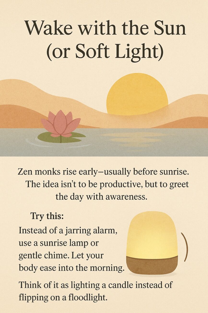 Illustration of a sunrise over hills and water with a lotus flower, a sunrise lamp, and text encouraging waking up gently with soft morning light instead of a harsh alarm.