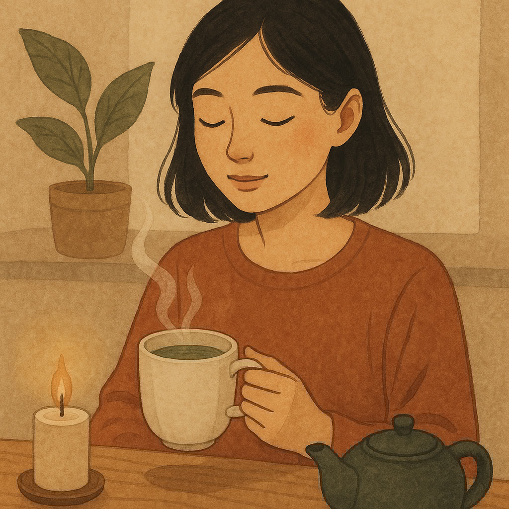 Illustration of a woman with dark hair holding a steaming mug, sitting at a table with a teapot, a lit candle, and a potted plant in the background.