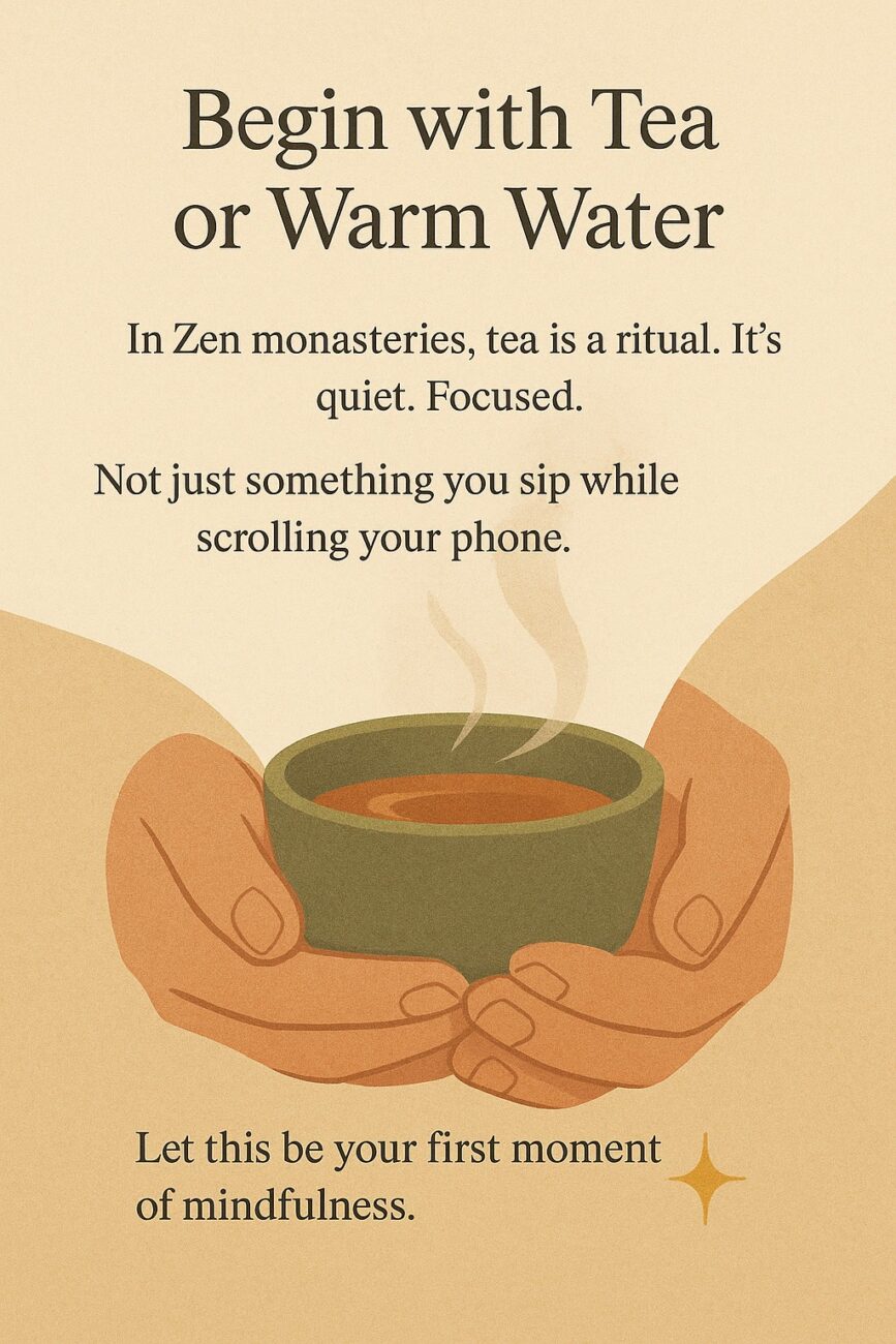 Illustration of hands holding a steaming cup with text encouraging mindfulness by beginning with tea or warm water, inspired by Zen rituals.