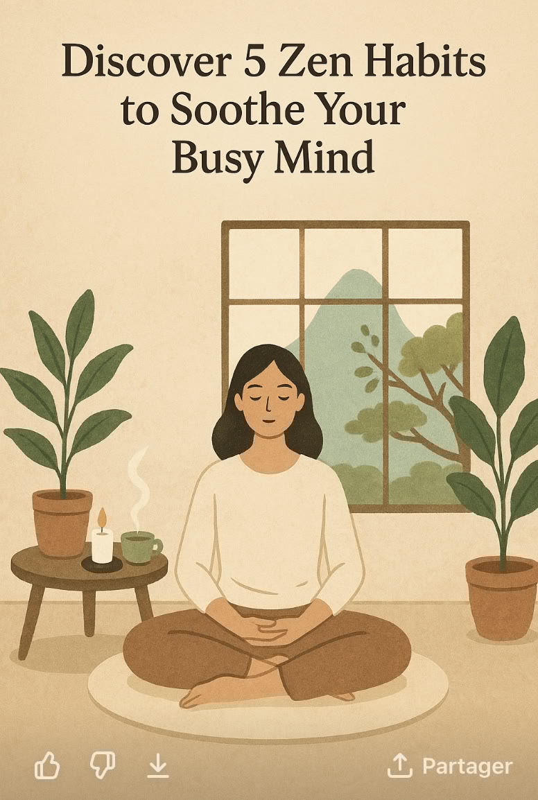 An illustration of a person meditating indoors on a rug, surrounded by plants, a candle, and a cup, with a window showing a mountain view. Text reads: "Discover 5 Zen Habits to Soothe Your Busy Mind.