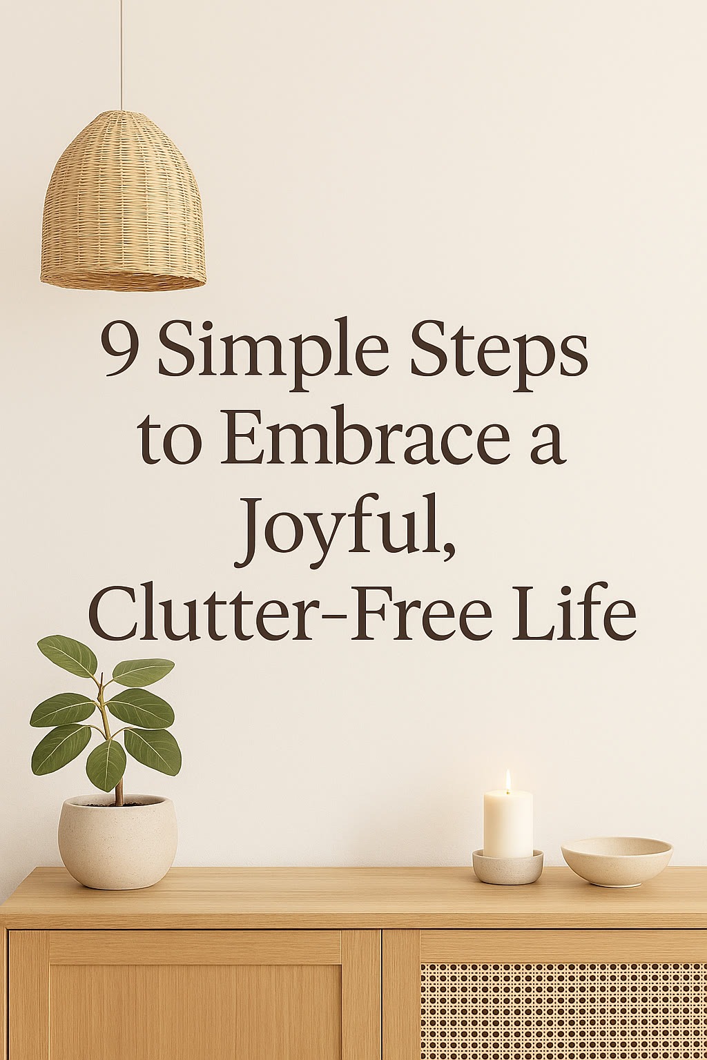 Text on wall reads "9 Simple Steps to Embrace a Joyful, Clutter-Free Life" above a wooden cabinet with a plant, a candle, and a wicker lamp.