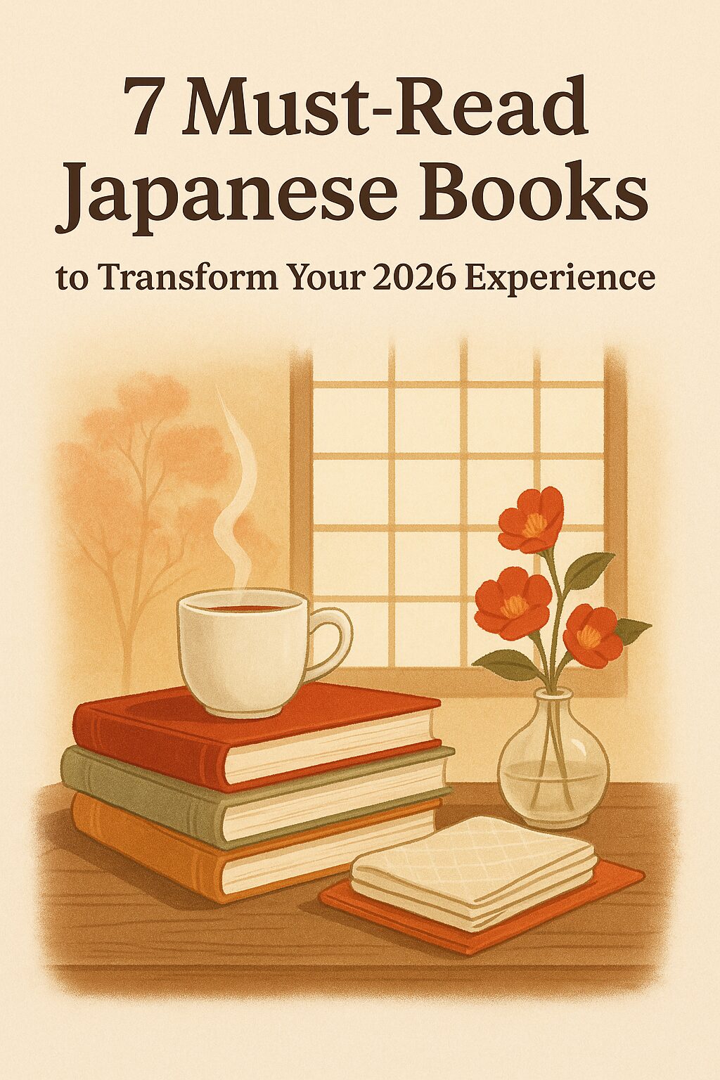 Illustration of stacked books, a steaming cup, a vase with flowers, and an open window with text: “7 Must-Read Japanese Books to Transform Your 2026 Experience.”.