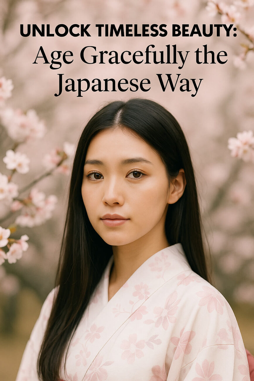 A woman in a light floral kimono stands among blooming cherry blossoms with text above her that reads: "Unlock Timeless Beauty: Age Gracefully the Japanese Way.
