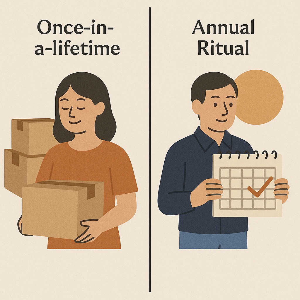 An illustration comparing a woman carrying moving boxes labeled "Once-in-a-lifetime" and a man holding a calendar with a checkmark labeled "Annual Ritual.