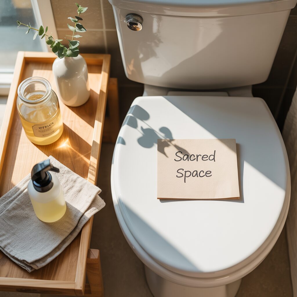 A bathroom scene with a toilet labeled "Sacred Space" on the lid, next to a tray holding a vase, a jar, a soap dispenser, and a folded towel.