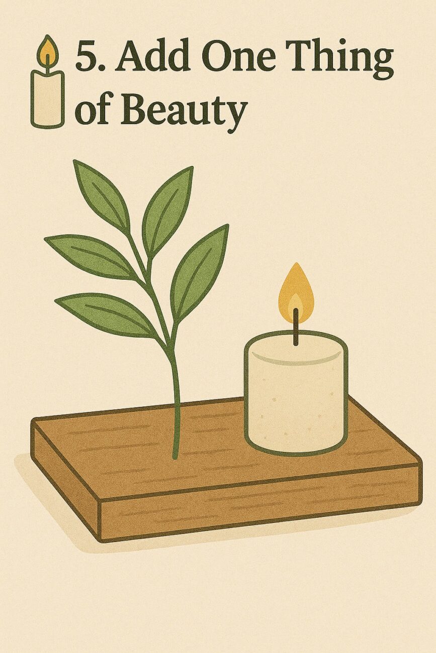 Illustration of a small wooden tray holding a green leafy branch and a lit candle, with text that reads "5. Add One Thing of Beauty.