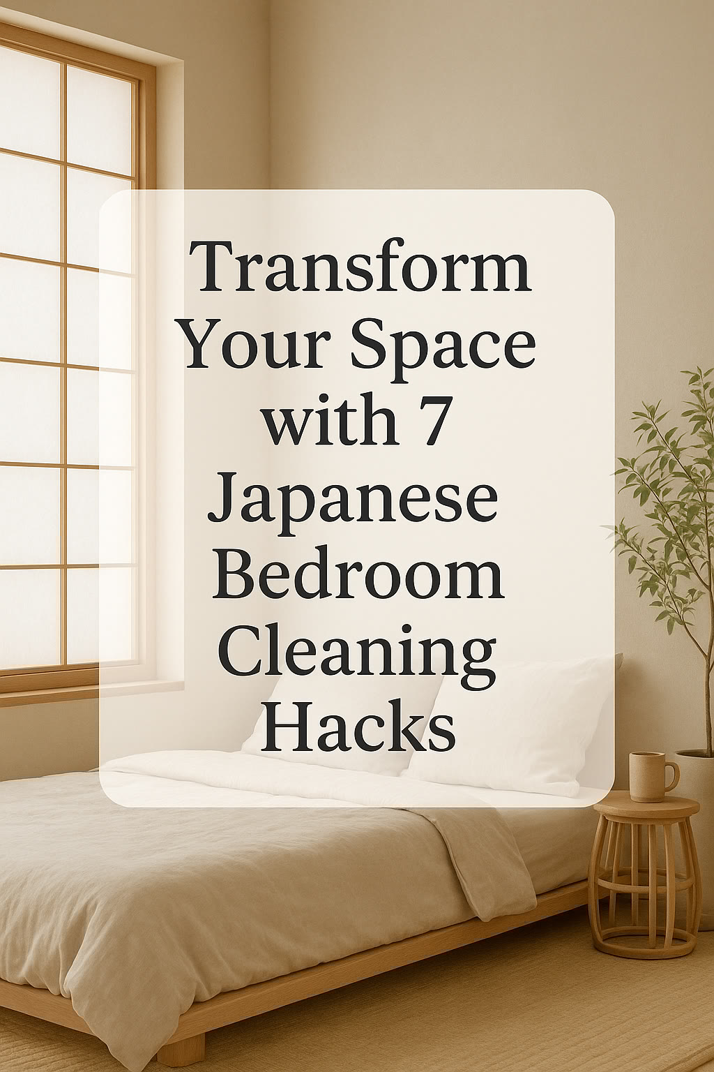 Minimalist bedroom with a low bed, round wooden table, potted plant, and shoji screen. Text overlay: "Transform Your Space with 7 Japanese Bedroom Cleaning Hacks.