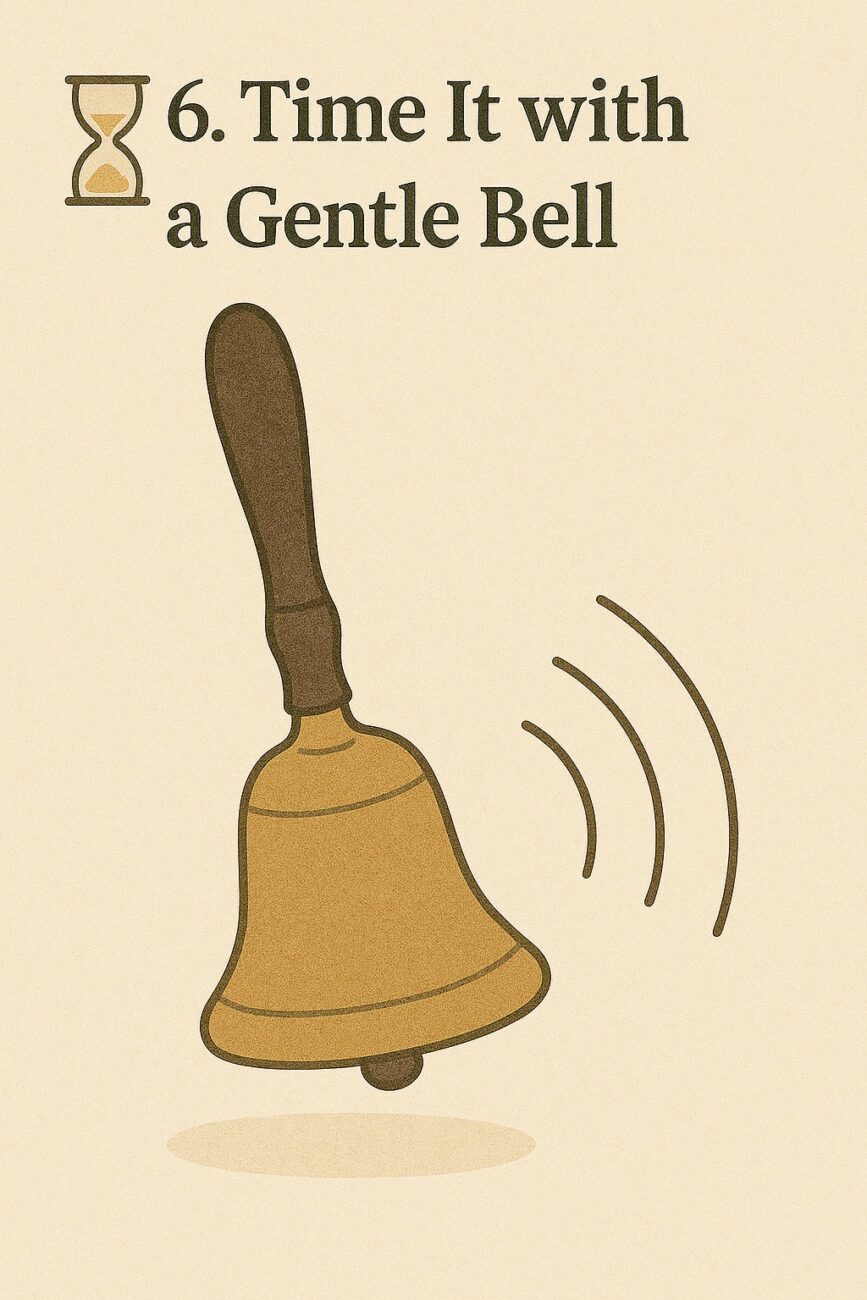 Illustration of a hand bell ringing under the heading "6. Time It with a Gentle Bell," with an hourglass icon beside the number.