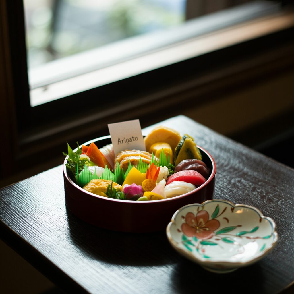 A round tray of assorted sushi with a card labeled "Arigato" sits on a dark wooden table next to a small decorative dish, near a window with soft natural light.