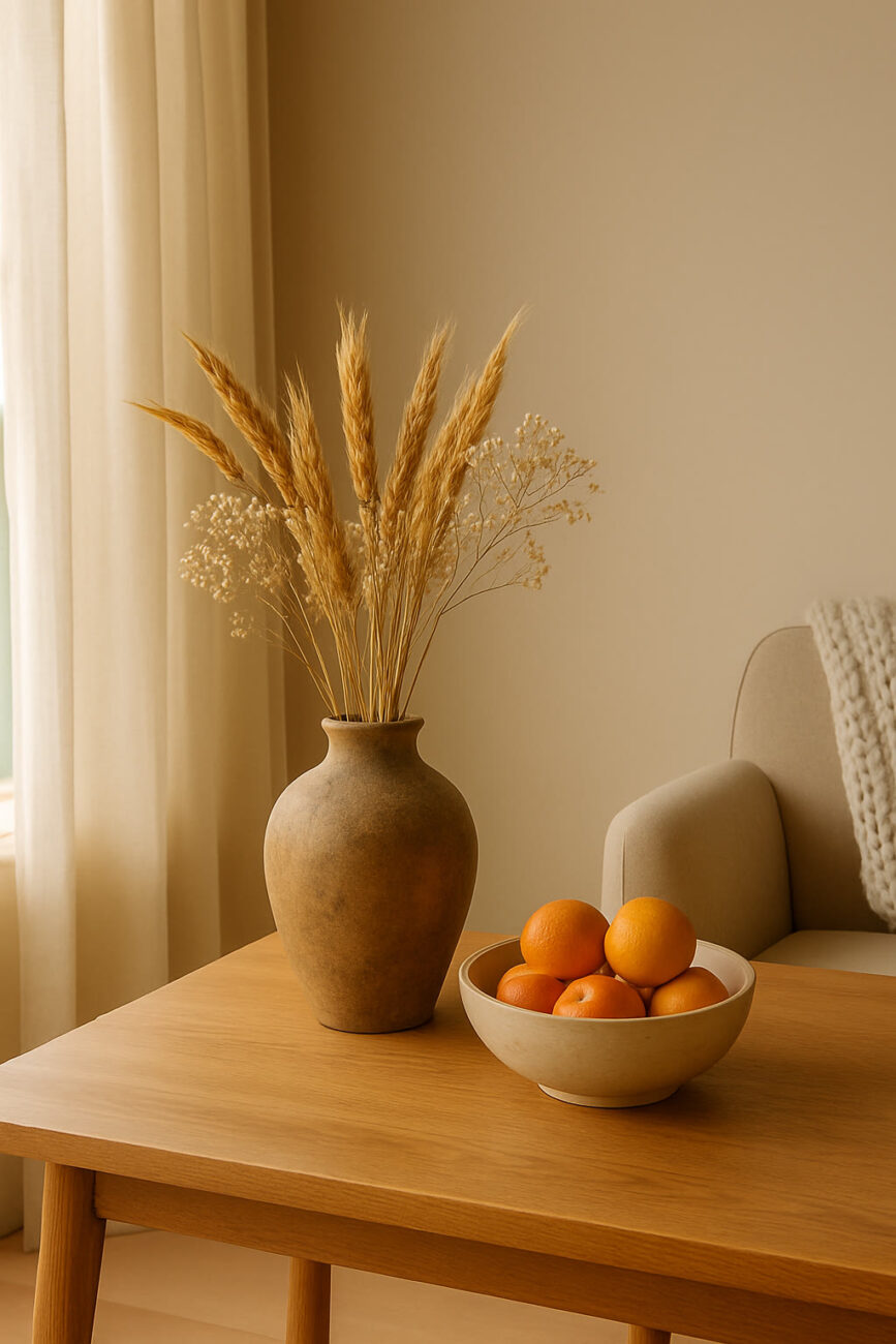 A ceramic vase with dried grasses and a bowl of oranges sit on a light wooden table next to a beige armchair with a knitted blanket, in a sunlit room with neutral decor.
