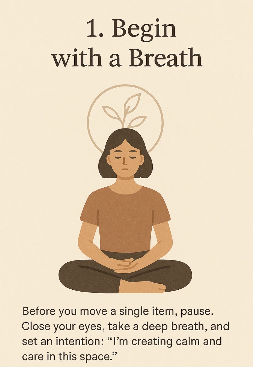 Illustration of a person sitting cross-legged with eyes closed, hands resting on knees, and text instructing to begin with a breath and set an intention for calm and care.