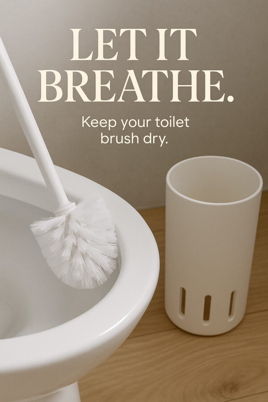 A white toilet brush rests on a toilet rim next to an empty ventilated brush holder, with text encouraging to keep the toilet brush dry.