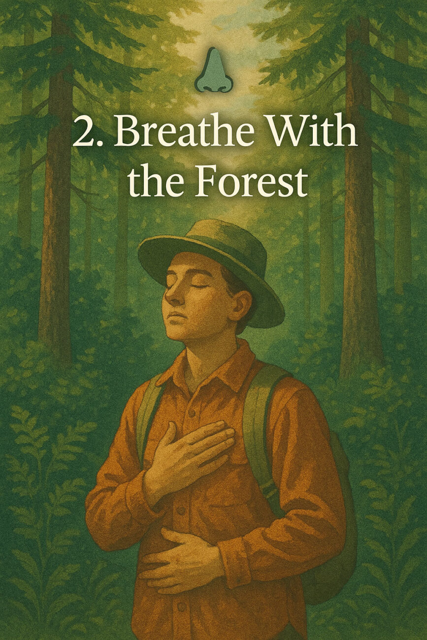 An illustration of a person standing in a forest with one hand on their chest, eyes closed, under text that reads "2. Breathe With the Forest" and an icon of a nose above.