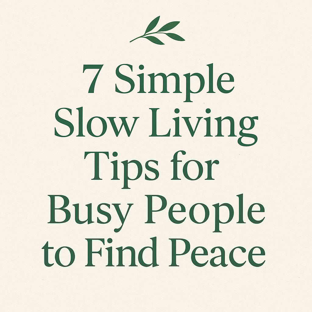 Text graphic with a small green leaf illustration. The text reads: "7 Simple Slow Living Tips for Busy People to Find Peace.