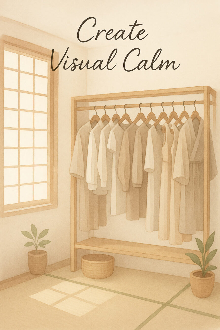 Minimalist wardrobe with neutral-toned clothing on hangers, two potted plants, a basket, and sunlight streaming through a window. Text reads “Create Visual Calm.”.
