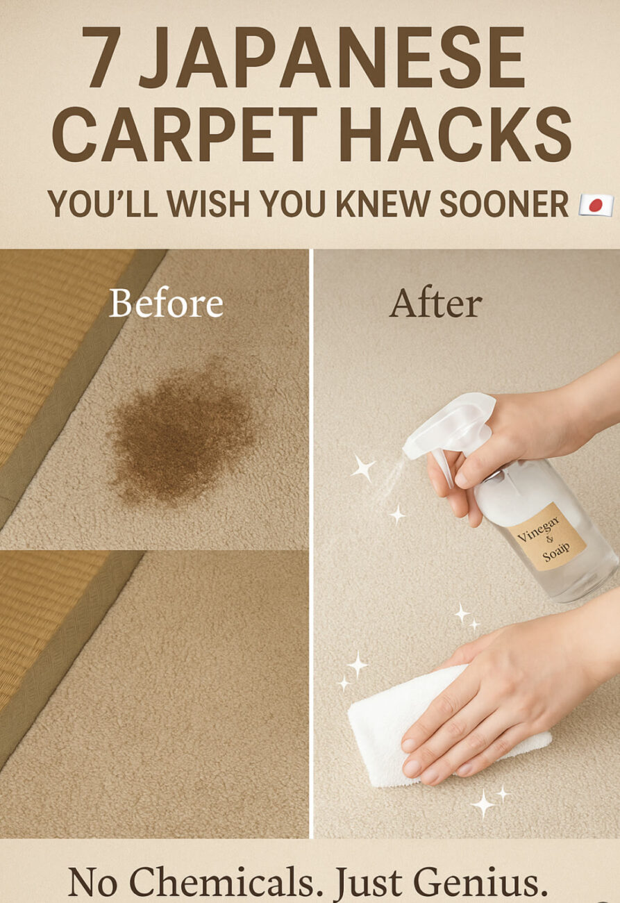 A carpet with a stain is shown in the "Before" section; in the "After" section, a hand cleans the carpet with a cloth and a spray bottle labeled "Vinegar & Soap.
