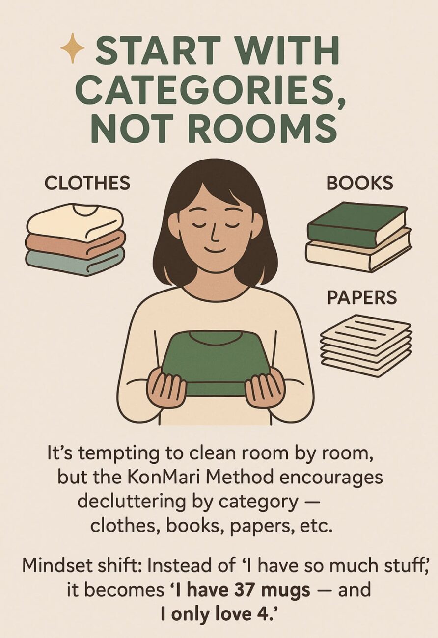 An illustration of a person sorting clothes, books, and papers with text advising to declutter by categories, not rooms, based on the KonMari Method.