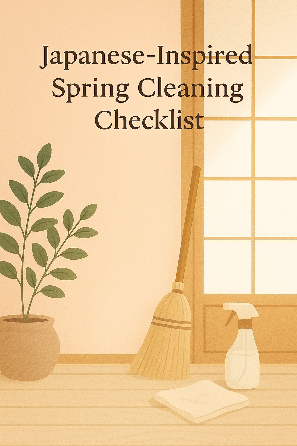 Illustration of a potted plant, broom, spray bottle, and cloth in front of a shoji screen, with text "Japanese-Inspired Spring Cleaning Checklist.
