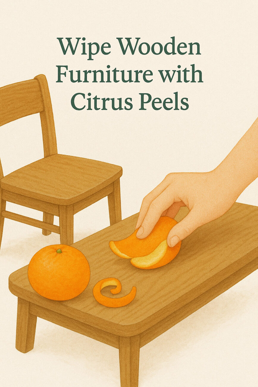 A hand wipes a wooden table with a citrus peel next to a peeled orange and chair. Text reads, "Wipe Wooden Furniture with Citrus Peels.